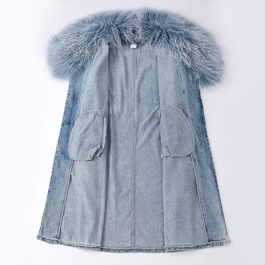 EB | Lange Denimjacke mit Kunstfell Baumwollmix Modern und Elegant
