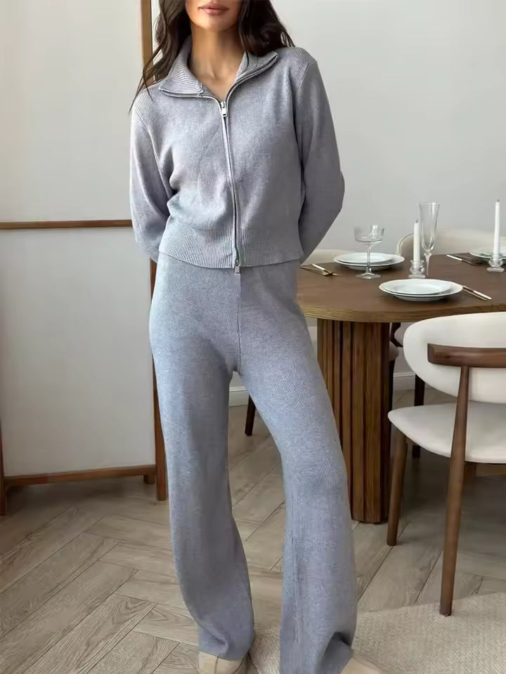 EB | Damen 2 Teiliges Loungewear Satz mit Reißverschlussjacke und Weitem Hosen