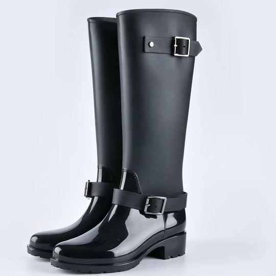 EB | Damen wasserdichte knielange Gummistiefel mit Schnallen & Blockabsätzen