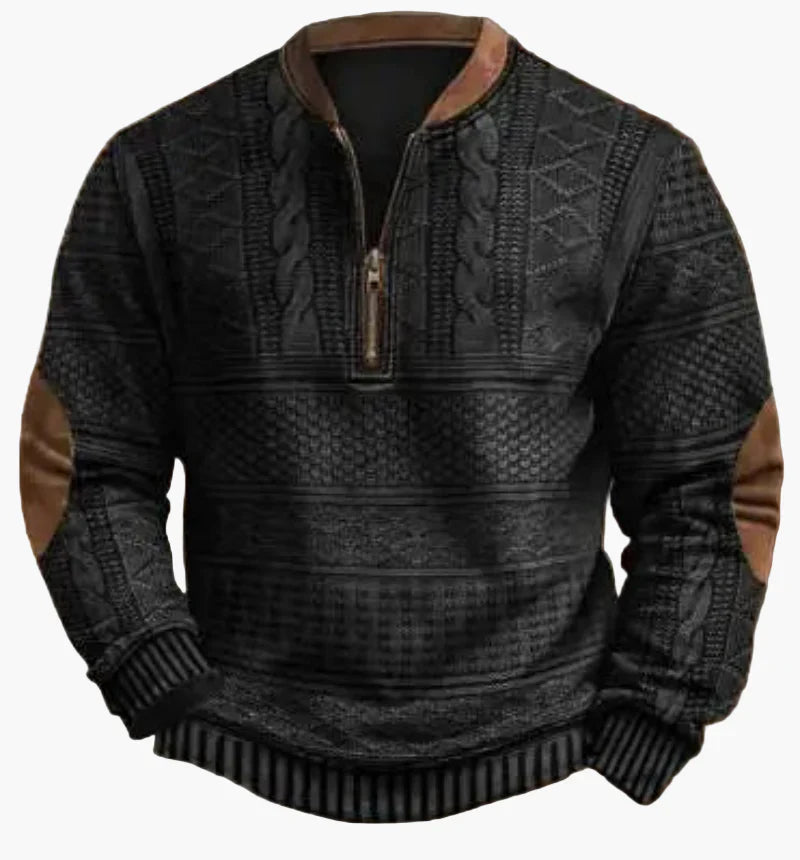 EB | Halbzipper Pullover - Modischer Strick-Look für Herbst und Winter, Warmes Sweatshirt mit Stehkragen und Ellbogen-Patches, Freizeit & Alltag