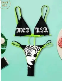 EB | Sexy Goth Bikini Frauen Buchstaben Totenkopf Druck Badeanzug Split Badeanzug Hohe Taille Gotische Bikini Set Strandoutfits