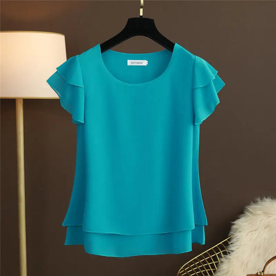 EB | Chiffon Bluse mit O-Ausschnitt und Kurzen Ärmeln