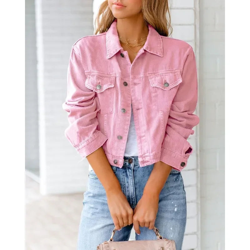 EB | Kurze Taschenjacke Mode Streetwear Einfache Knopf Trend Frauen Denim Jacken Lange Ärmel Herbst Neu Denim Denim Jacken