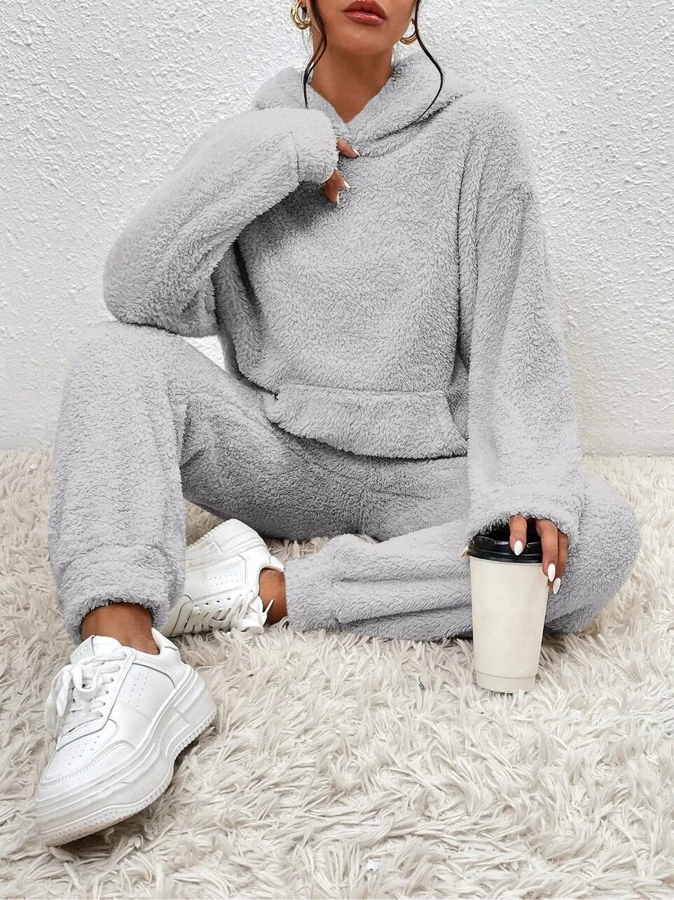 EB | Weiche Teddyjacke Damen Loungewear Satz mit Kapuze