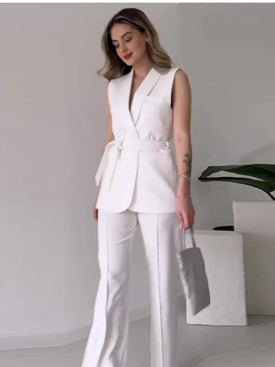 EB | Ärmelloser Blazer-Anzug Taillierte Passform Wickel-V-Ausschnitt Weite Hose