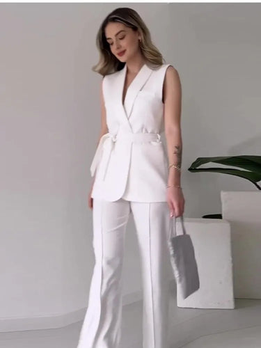 EB | Ärmelloser Blazer-Anzug Taillierte Passform Wickel-V-Ausschnitt Weite Hose