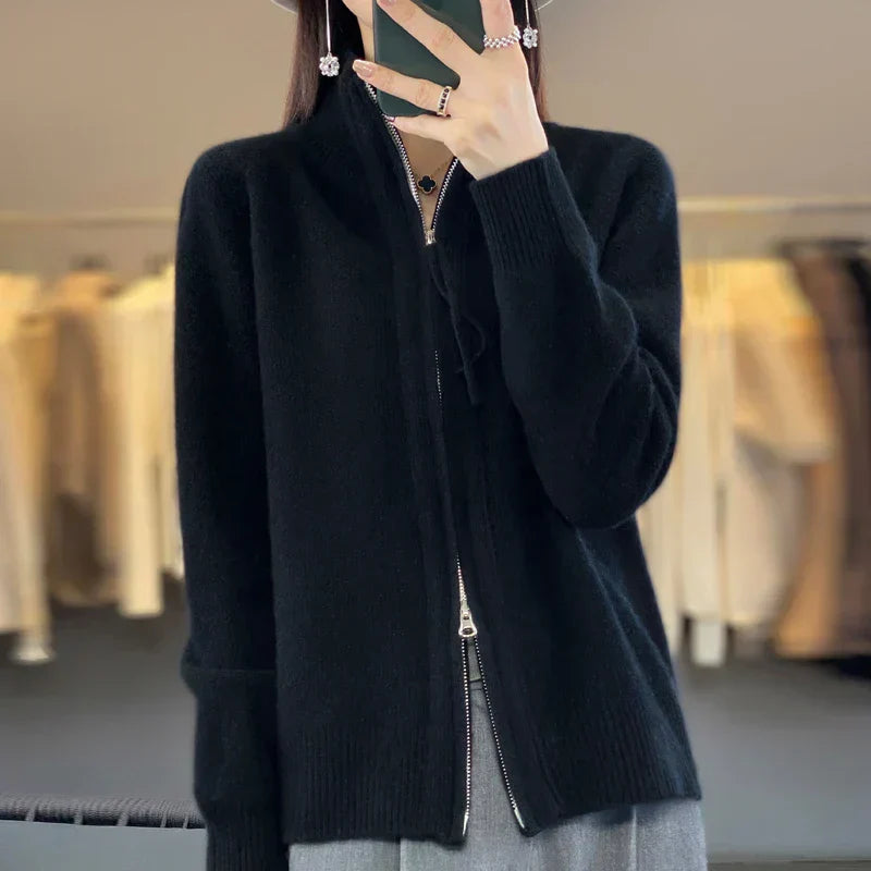 EB | Woll Cardigan Doppelter Reißverschluss und Hoher Kragen Weich und Elegant