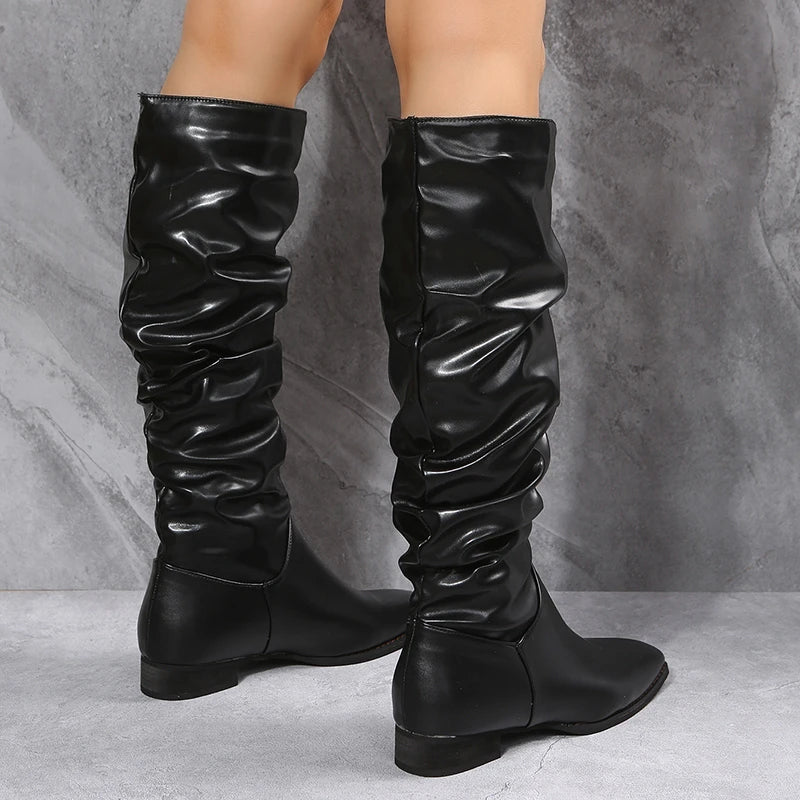 EB | Knielange Punk-Stil Falten Pu-Leder Stiefel