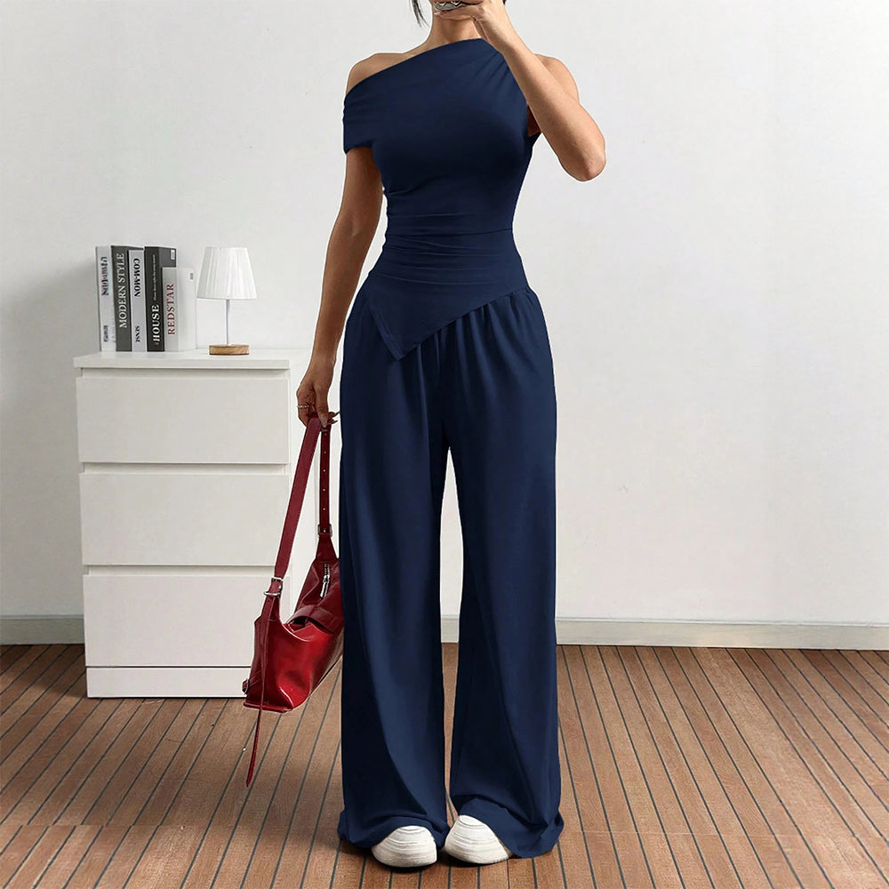 Damen Elegante Jumpsuit-Kombination mit asymmetrischem Oberteil und weitem Bein EB