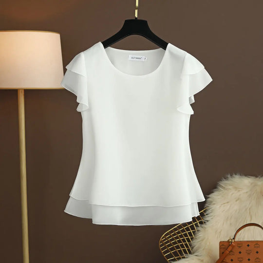 EB | Chiffon Bluse mit O-Ausschnitt und Kurzen Ärmeln