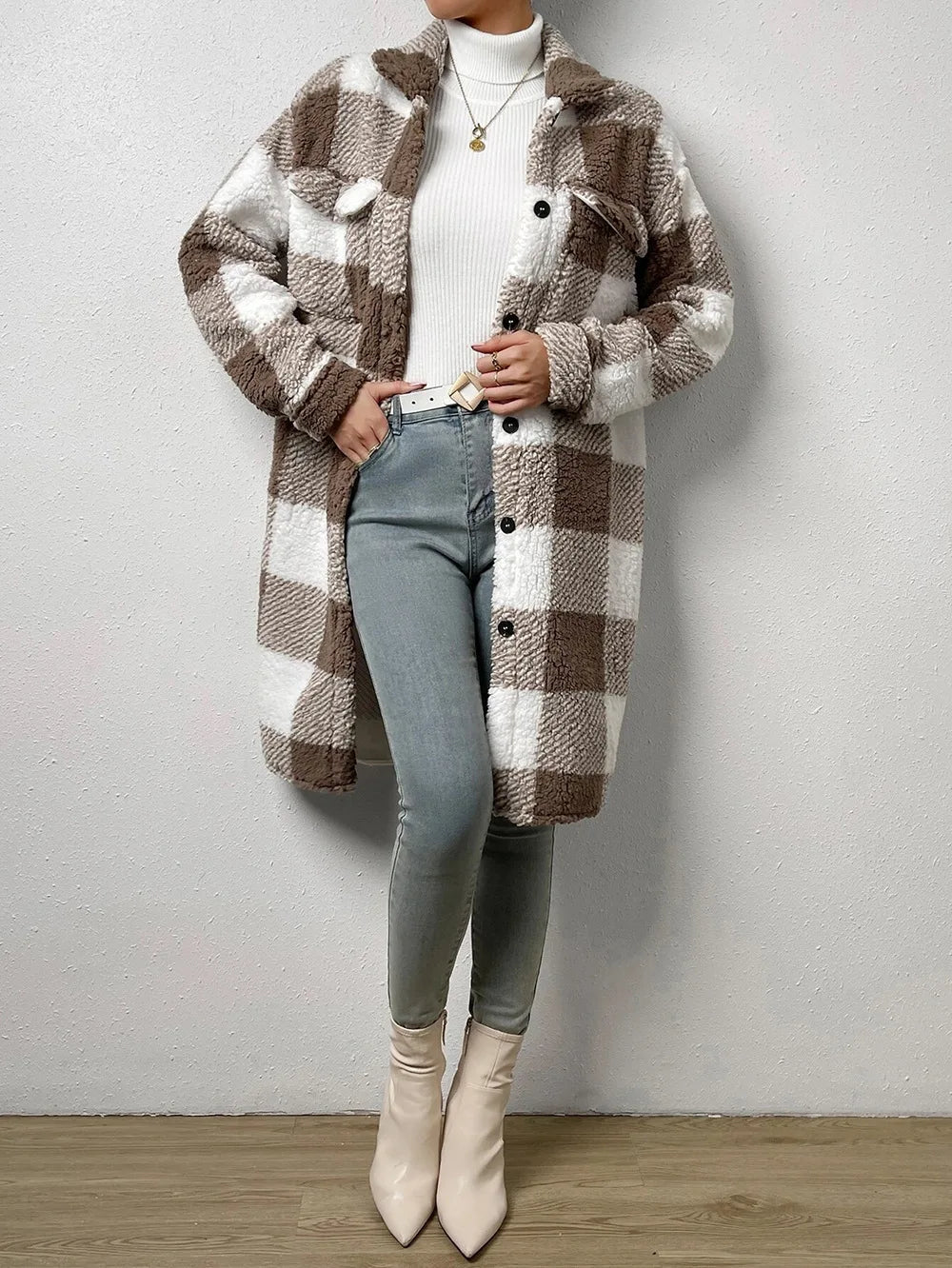EB | Langer Kariert Fleece-Mantel
