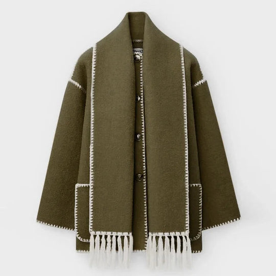EB | Wollmantel - Oversized Fit - Schal-Kragen mit Fransen - Dekorative Nähte - Knopfverschluss