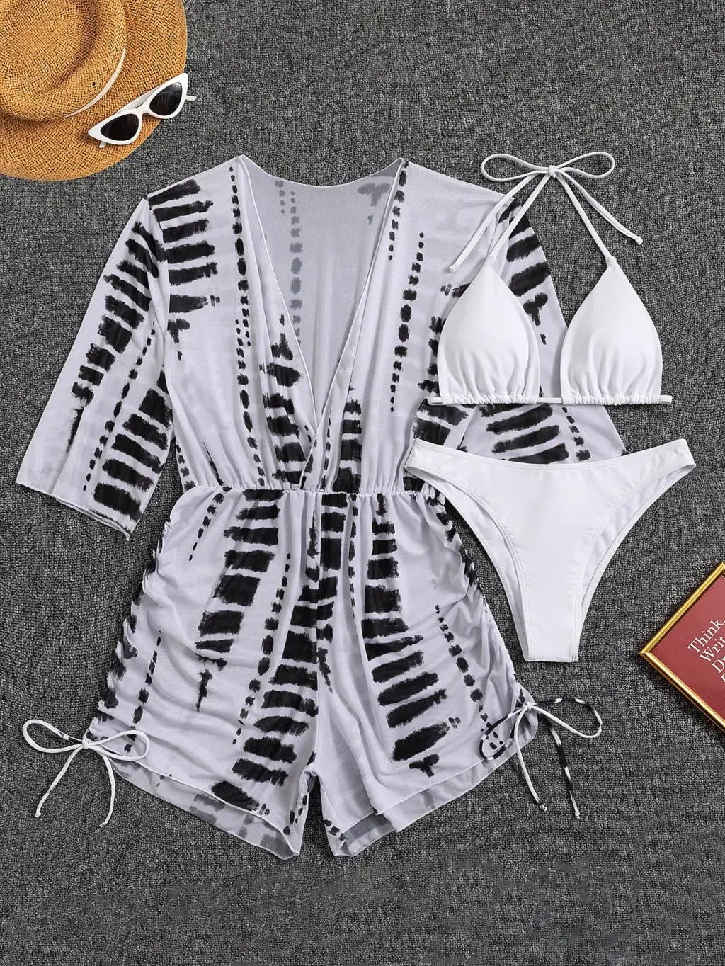 EB | 3 Stück Bikini Tropischer Druck Badebekleidung Halter Schnürseite Badebekleidung Frauen Badeanzug Weiblich Schwimmen Sommer Strandbekleidung