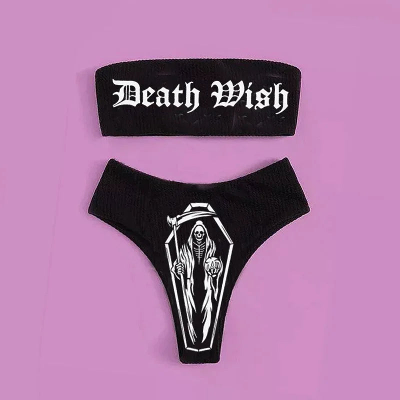 EB | Sexy Goth Bikini Frauen Buchstaben Totenkopf Druck Badeanzug Split Badeanzug Hohe Taille Gotische Bikini Set Strandoutfits