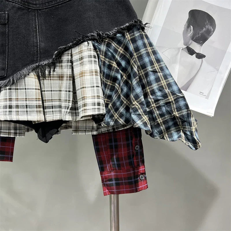 EB | Jahrgang Unregelmäßig Patchwork Kariert Röcke Denim Kurz für Frauen Hohe Taille Eingewickelt Hüfte Mini Rock Sommer Weiblich