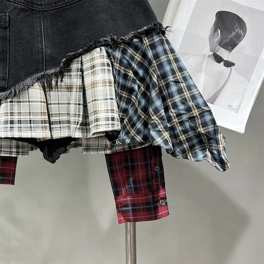 EB | Jahrgang Unregelmäßig Patchwork Kariert Röcke Denim Kurz für Frauen Hohe Taille Eingewickelt Hüfte Mini Rock Sommer Weiblich