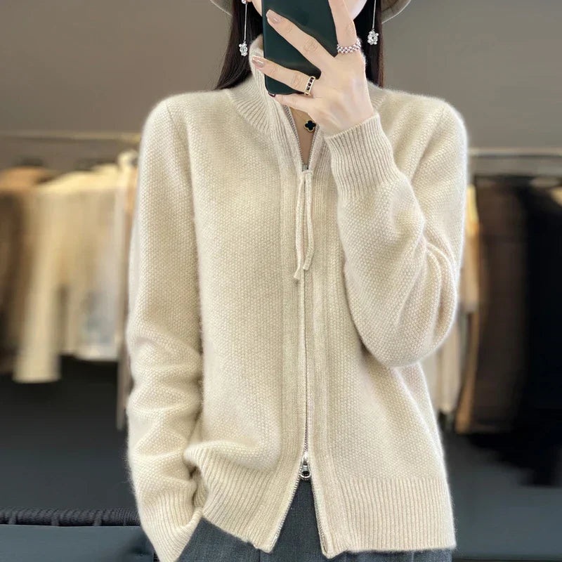 EB | Woll Cardigan Doppelter Reißverschluss und Hoher Kragen Weich und Elegant