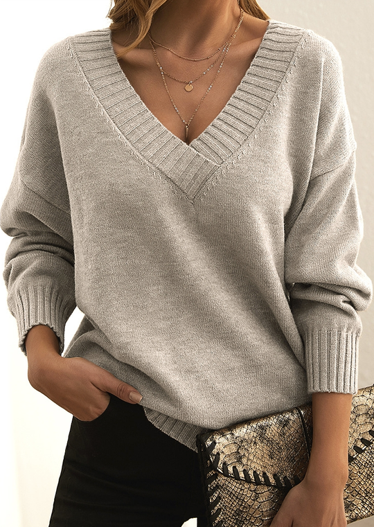 EB | Strickpullover Weiche Wollmischung V-Ausschnitt Lockerer Schnitt Lange Ärmel