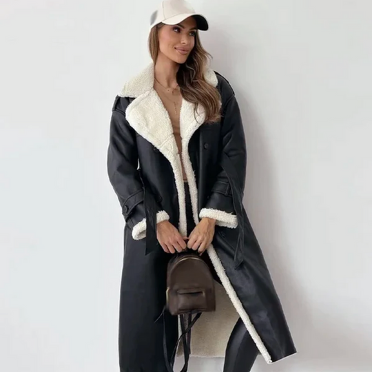 EB | Warme Lange Teddy Damenjacke mit Gürtel