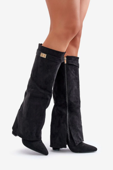 EB | Wildleder Klappkniehohe Stiefel Schnallen Detail Blockabsatzstiefel
