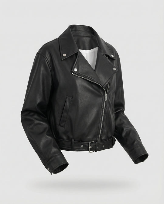 Schwarze PU-Leder Bikerjacke Damen Kurz Locker Vintage Frühlingsjacke
