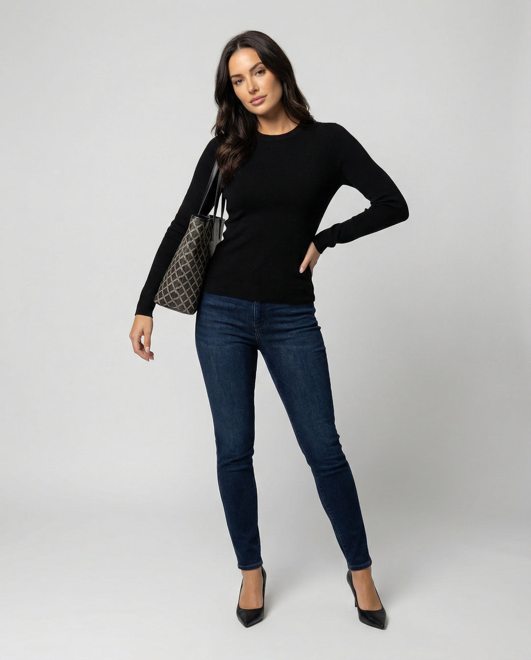 Schwarzer Damen Strickpullover Slim-Fit Langarm Rundhals Basis Oberteil