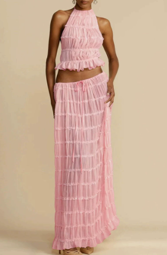 Damen Elegantes und verspieltes Zweiteiliges Sommerkleid mit gerafftem Oberteil und fließendem Rock EB