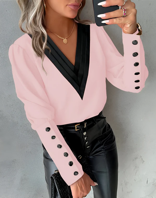EB | Elegante V-Ausschnitt-Bluse Mit Farbblöcken Für Mühelosen Stil