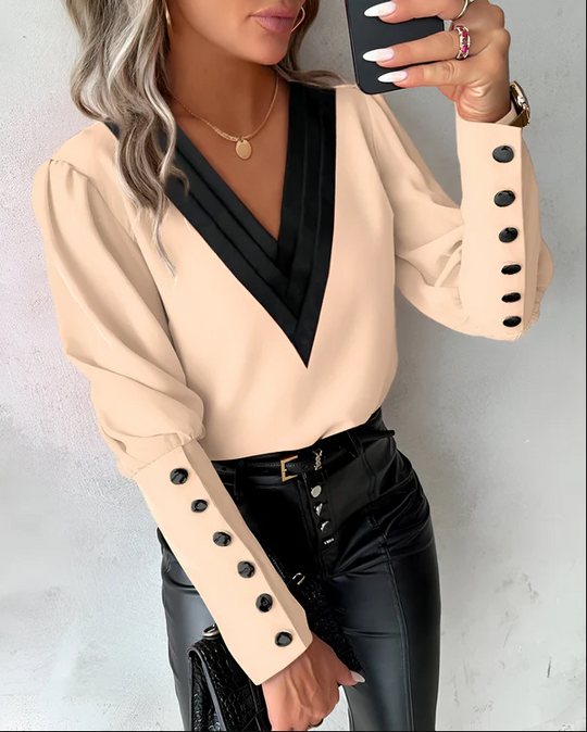 EB | Elegante V-Ausschnitt-Bluse Mit Farbblöcken Für Mühelosen Stil