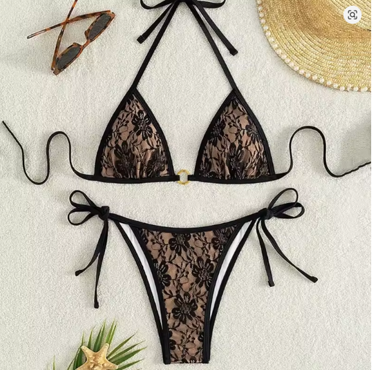 EB | Spitzen-Patchwork V-Ausschnitt Bikini-Set