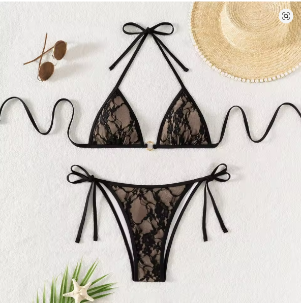 EB | Spitzen-Patchwork V-Ausschnitt Bikini-Set