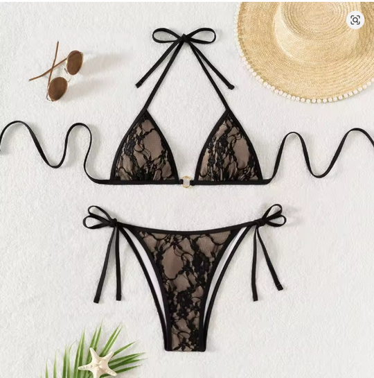 EB | Spitzen-Patchwork V-Ausschnitt Bikini-Set
