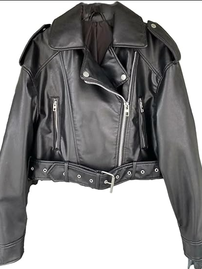 EB | Leder Reverskragen Cropped Jacke mit Gürtel