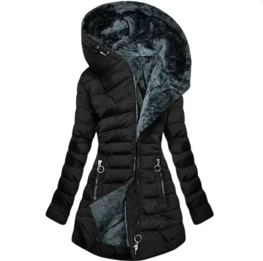 EB | Damen-Winterparka mit Reißverschluss und Kapuze und Tasche - Winter