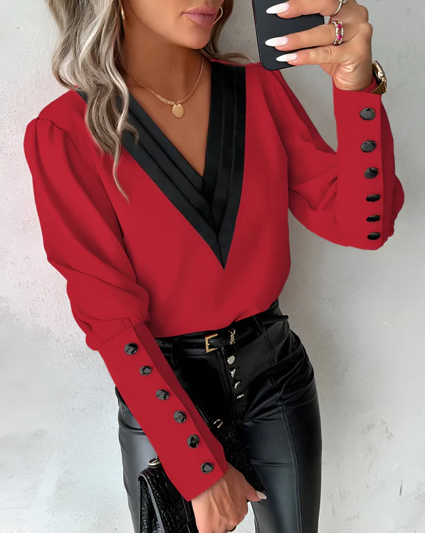 EB | Elegante V-Ausschnitt-Bluse Mit Farbblöcken Für Mühelosen Stil
