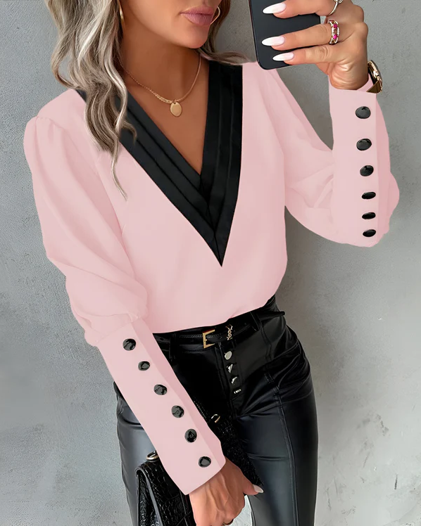 EB | Elegante V-Ausschnitt-Bluse Mit Farbblöcken Für Mühelosen Stil