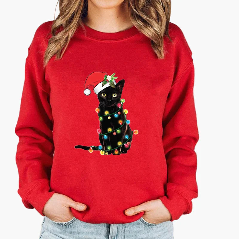 EB | Weihnachtspullover mit Katze und Lichterkette - Lustiger Winter-Sweater für Katzenliebhaber
