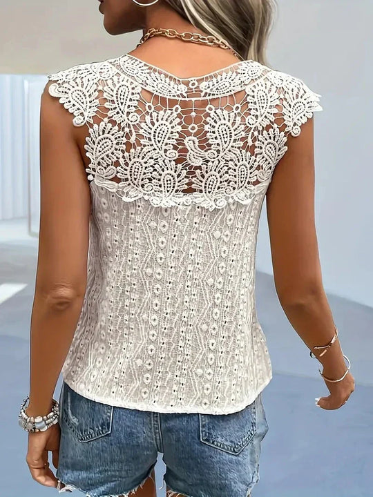 EB | Spitzenshirt Vintage Elegantes Ärmelloses V-Ausschnitt Damen Sommer T-Shirt