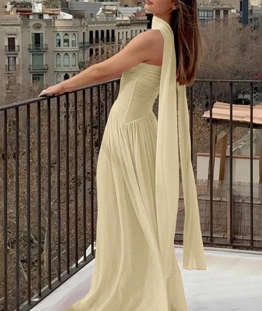 EB | Patchwork Maxi Kleid Schal Rückenfrei Strapless Rüschen Bankett