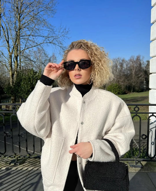 EB | Damen Oversized Jacke Top Coat Lange Ärmel mit Versteckten Knöpfen