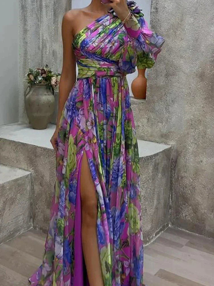 EB -  Lila Druck Seite Schlitz ein Ärmel Sexy Maxikleid