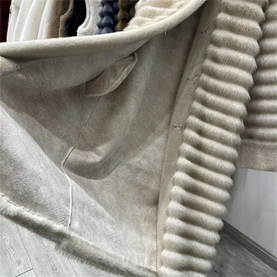 EB | Relaxed Fit Mantel Stehkragen Mantel mit Gebändertem Fellbesatz