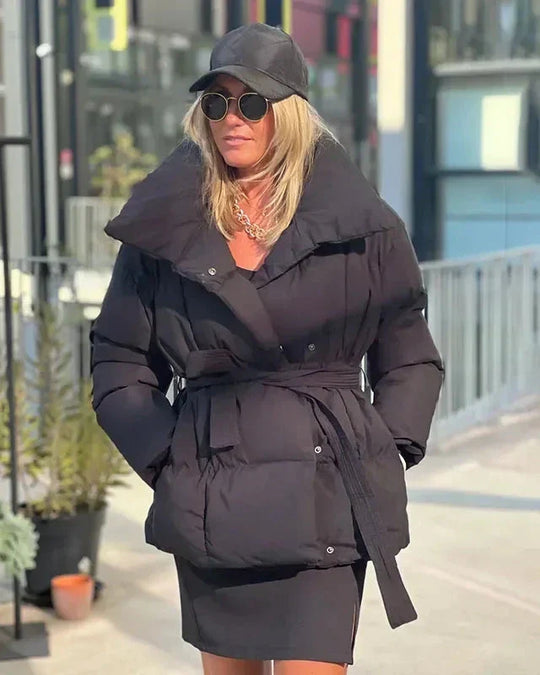 EB | jack mit Gürtel für Damen - warmer brauner Jacke mit oversized Kragen
