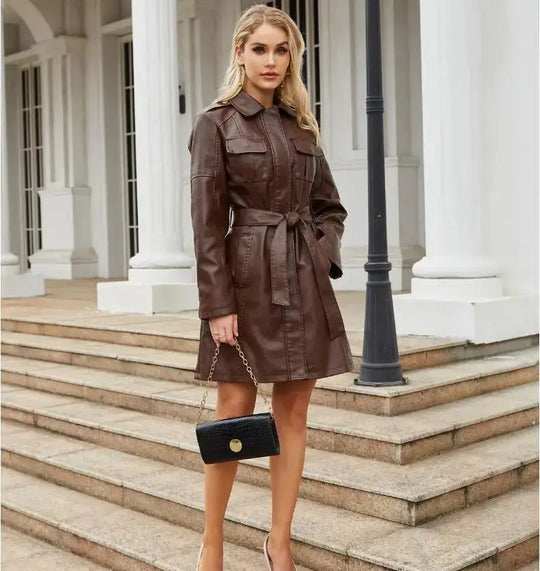 EB | Krawatte Taille Lange Ärmel Kunstleder Hemdkleid