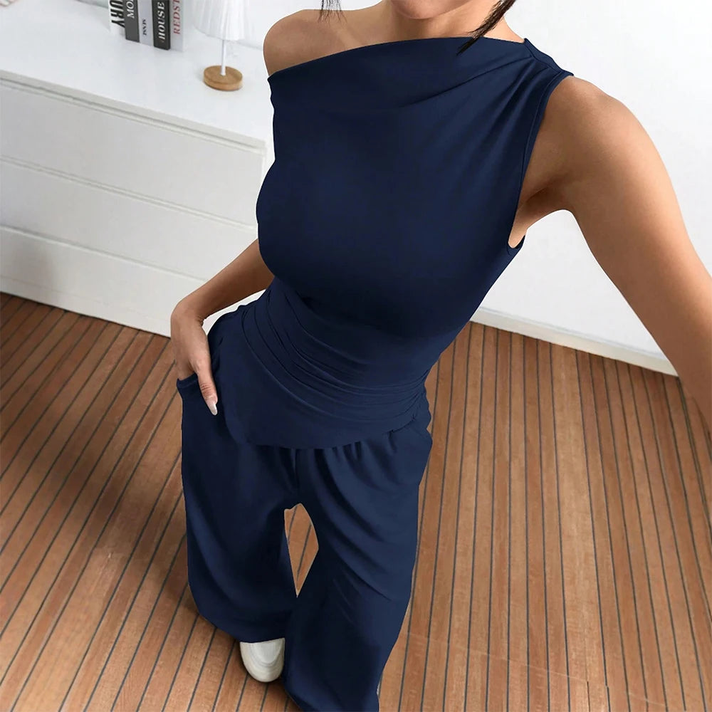 Damen Elegante Jumpsuit-Kombination mit asymmetrischem Oberteil und weitem Bein EB