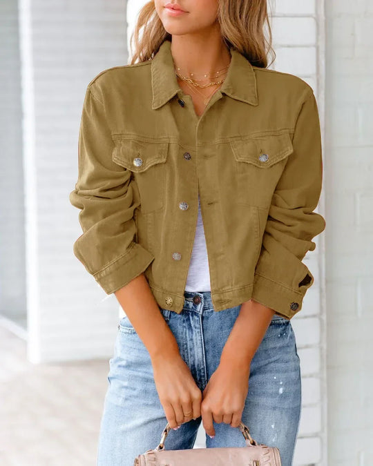 EB | Kurze Taschenjacke Mode Streetwear Einfache Knopf Trend Frauen Denim Jacken Lange Ärmel Herbst Neu Denim Denim Jacken