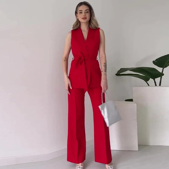 EB | Ärmelloser Blazer-Anzug Taillierte Passform Wickel-V-Ausschnitt Weite Hose