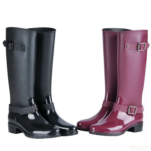 EB | Damen wasserdichte knielange Gummistiefel mit Schnallen & Blockabsätzen