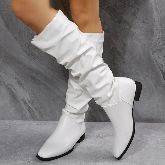 EB | Knielange Punk-Stil Falten Pu-Leder Stiefel