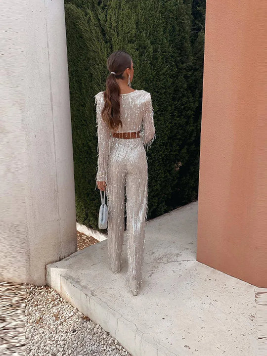 EB | Quaste Pailletten Frauen 2 Teilig Set Herbst Silber Licht Seide O-Ausschnitt Crop Tops Breite Bein Hosen Damen Anzug Mode Straße Damen Set